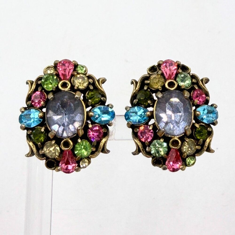 Vintage Hollycraft 1950 Multicolor Rhinestone Earrings Screw Back Signed